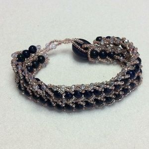 FINAL SALE PRICE Designer Black, Pink & Clear Hand Beaded Bracelet